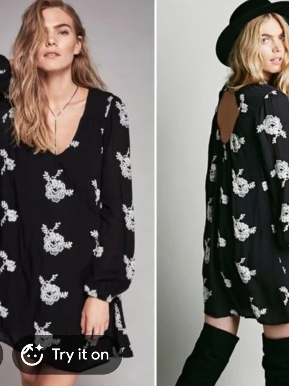 Free People Black Mini Dress with White Floral Print